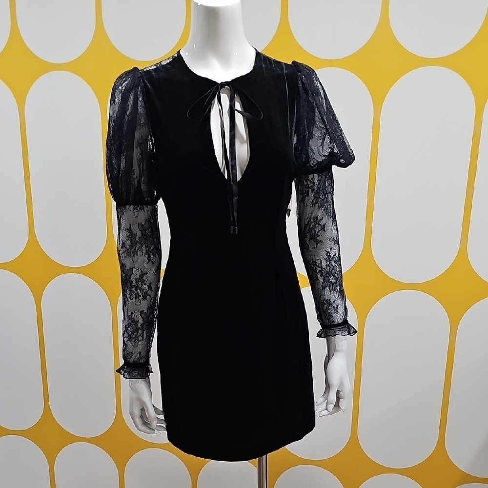 Free People Black Velvet Lace Mini Dress XS NWT Cocktail Party Romantic Luxury - Picture 2 of 8